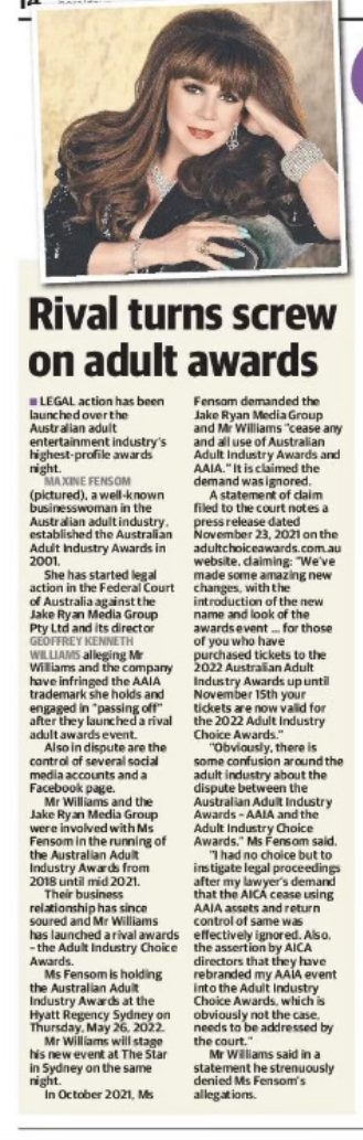 AAIA Herald Sun 23.1.22 'Rival turns screw on adult awards'
